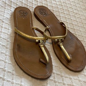 Tory Burch Thong Sandals in Gold Embossed Leather